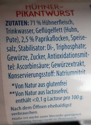 Hühner Pikantwurst ingredients label