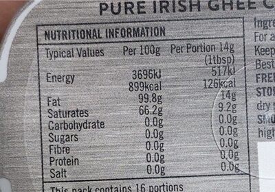 Pure irish ghee nutrition facts table