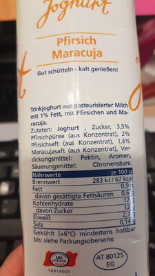 Vorarlberger Trinkjoghurt Pfirsich-Maracuja ingredients label