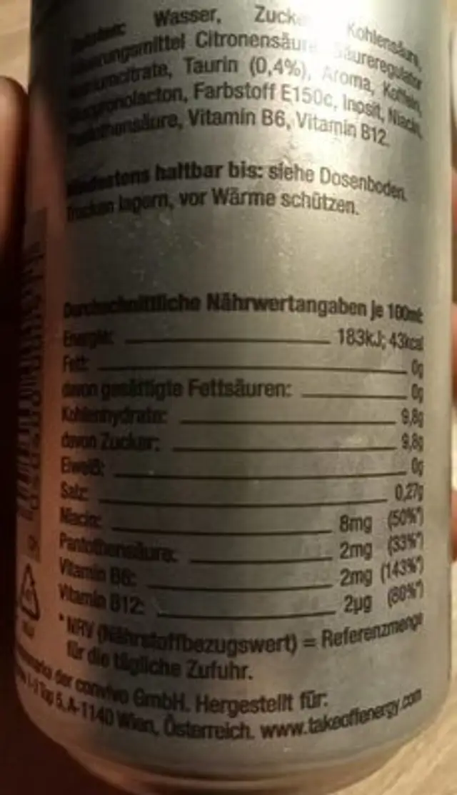 Energy Drink nutrition facts table