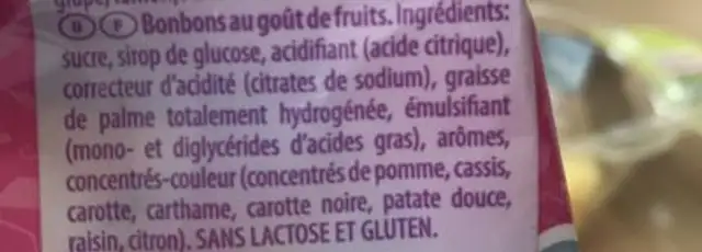 Sachet PEZ ingredients label
