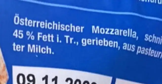 Mozzarella gerieben ingredients label