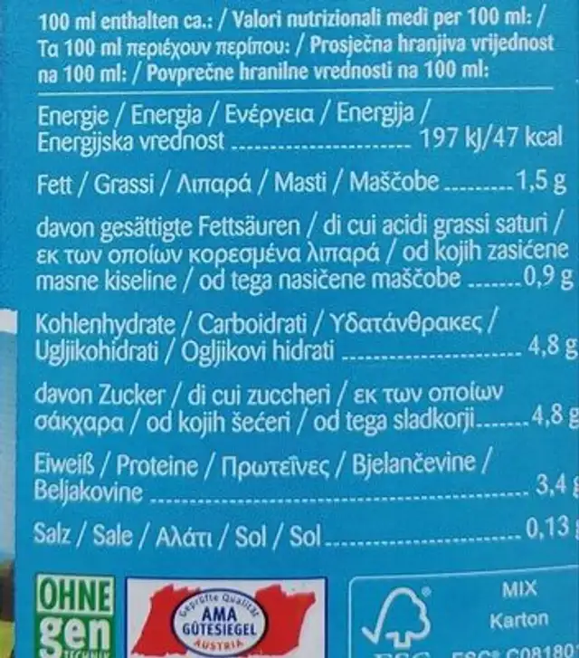 Formil Laktosefreie Milch nutrition facts table
