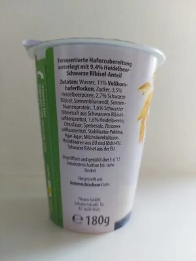 Hafer auf Heidelbeer & schwarzer Ribisel ingredients label