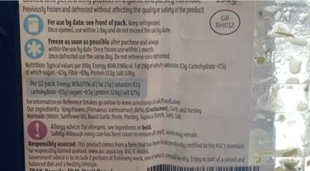 Garlic & Parsley King Prawns nutrition facts table