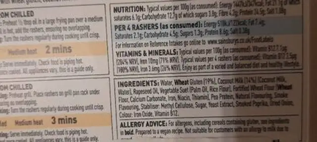 Smoky vacon rashers nutrition facts table
