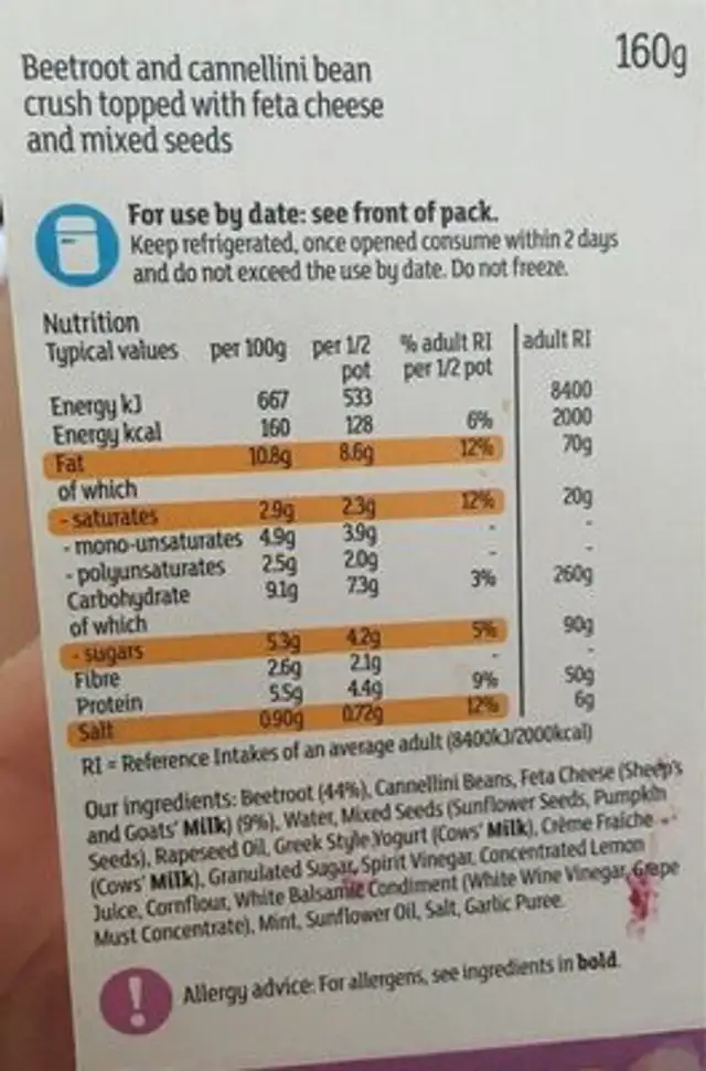 Beetroot & feta cheese nutrition facts table