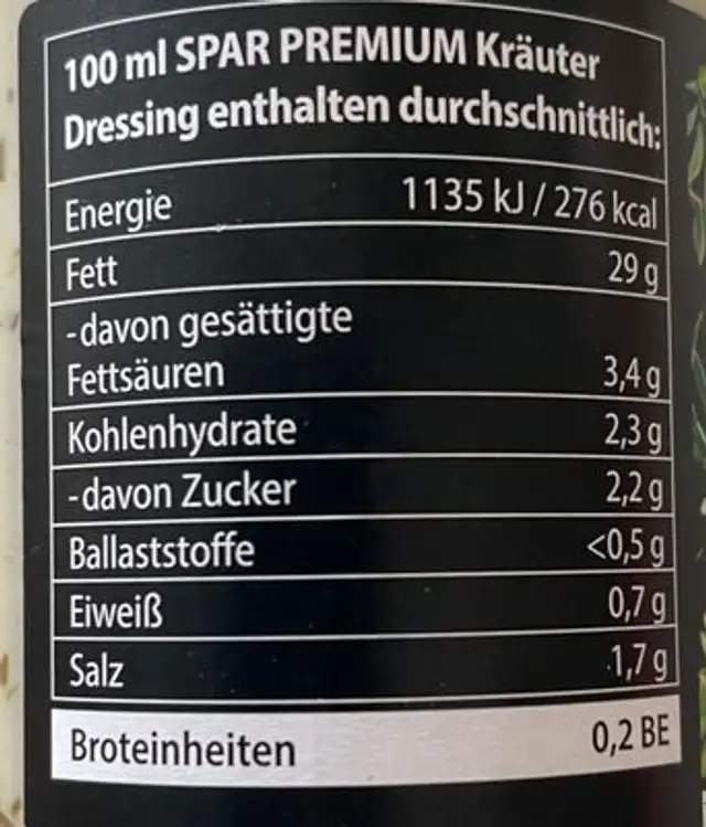 Kräuterdressing nutrition facts table