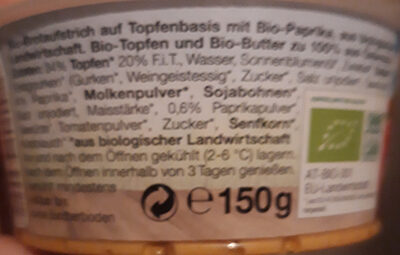 Bio-Topfenaufstrich Liptauer Art ingredients label