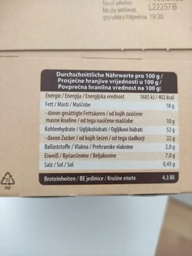 PANETTONE mit Schokostückchen nutrition facts table