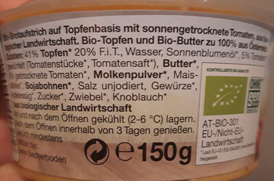 Bio-Topfenaufstrich getrocknete Tomate ingredients label