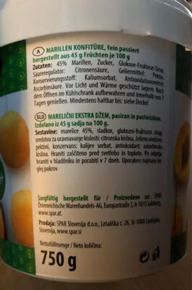 Marillenkonfitüre ingredients label