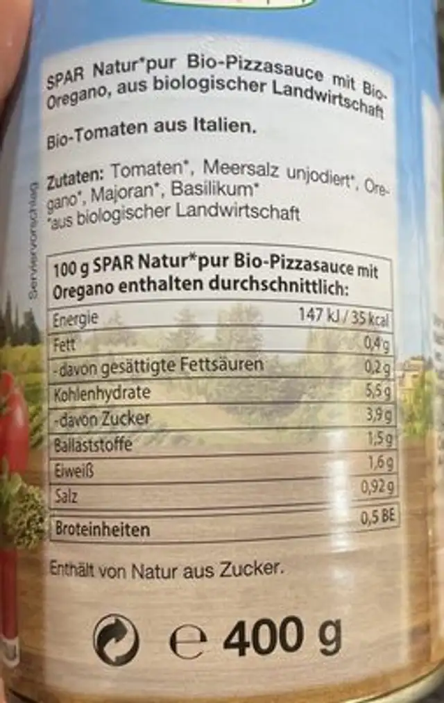 Pizzasauce Oregano nutrition facts table