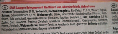 Lasagne Bolonese ingredients label