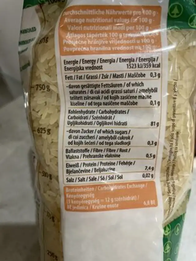 Long grain parboiled rice nutrition facts table