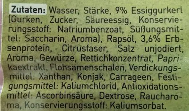 Vegane Extra Gurkerl ingredients label