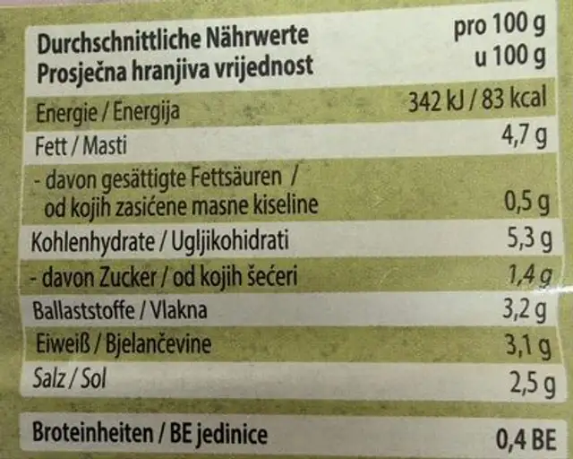Vegane Extra Gurkerl nutrition facts table