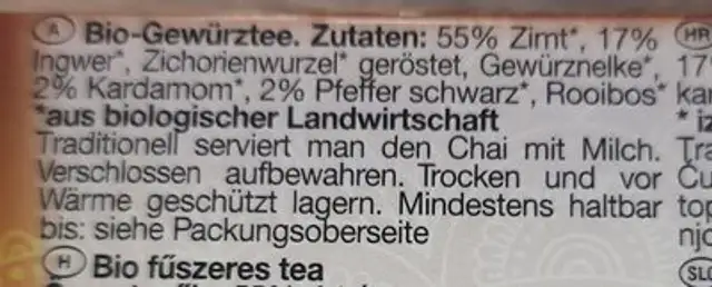 Tee Chai 20 bags ingredients label