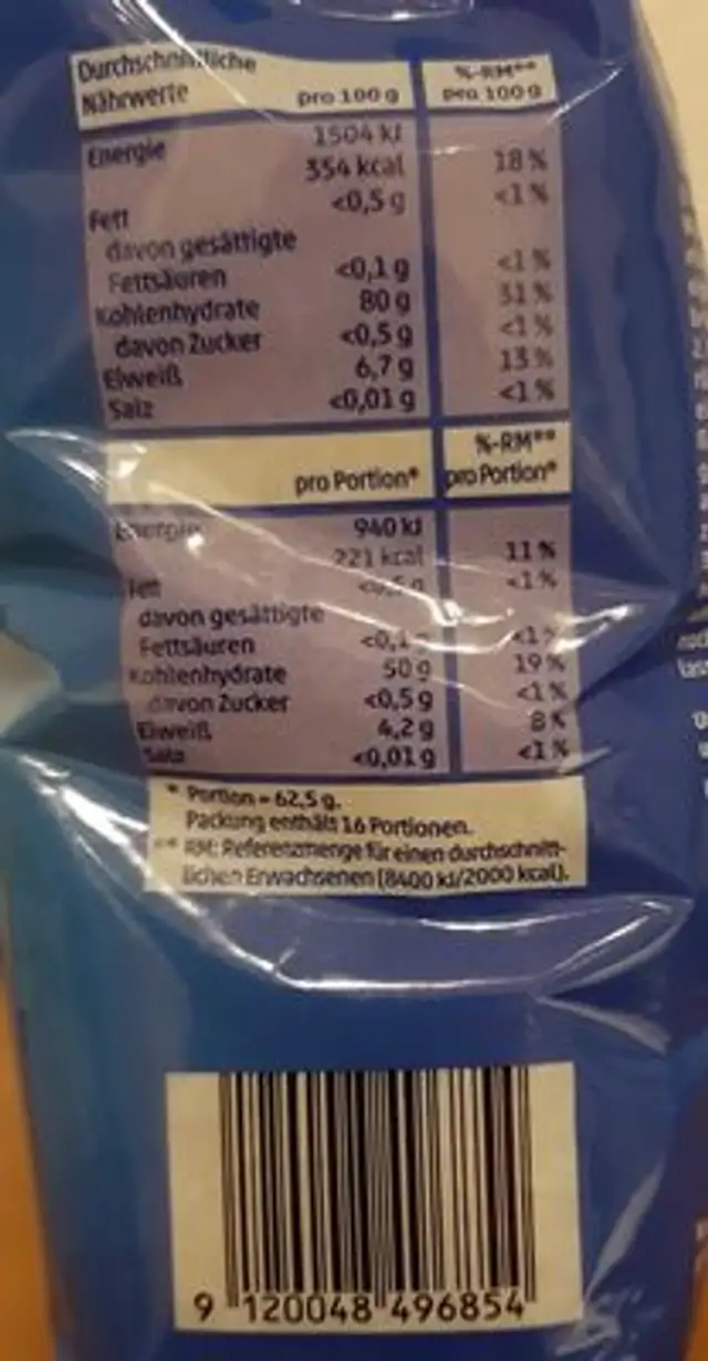 Basmati Langkornreis nutrition facts table