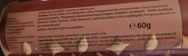 Kartoffelsnack pizza ingredients label