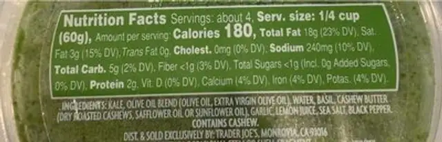 Vegan kale, cashew & basil pesto nutrition facts table