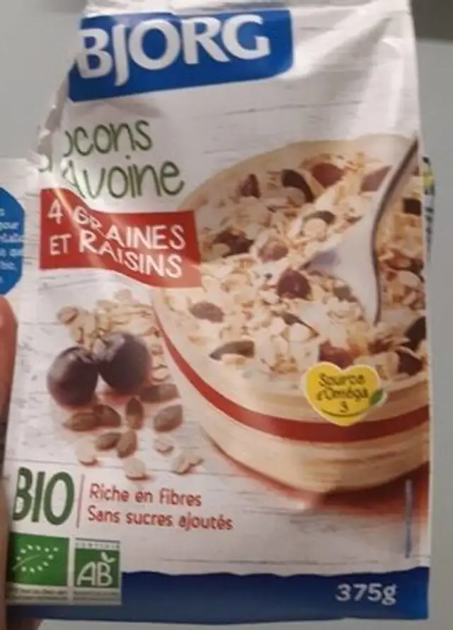 Flocons d'Avoine 4 graines et raisins front packaging