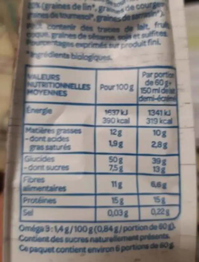 Flocons d'Avoine 4 graines et raisins nutrition facts table