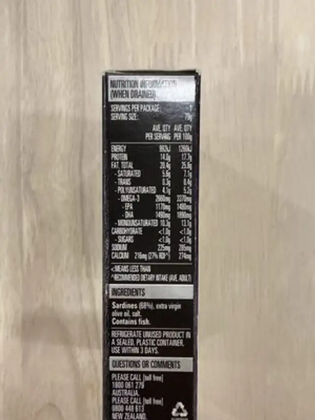 Sardines in Extra Virgin Olive Oil nutrition facts table