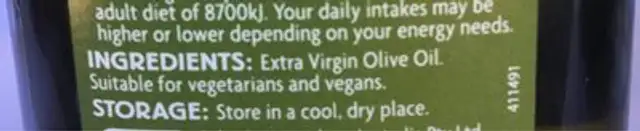 Extra Virgin Olive Oil ingredients label