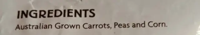 carrots, peas & corn ingredients label