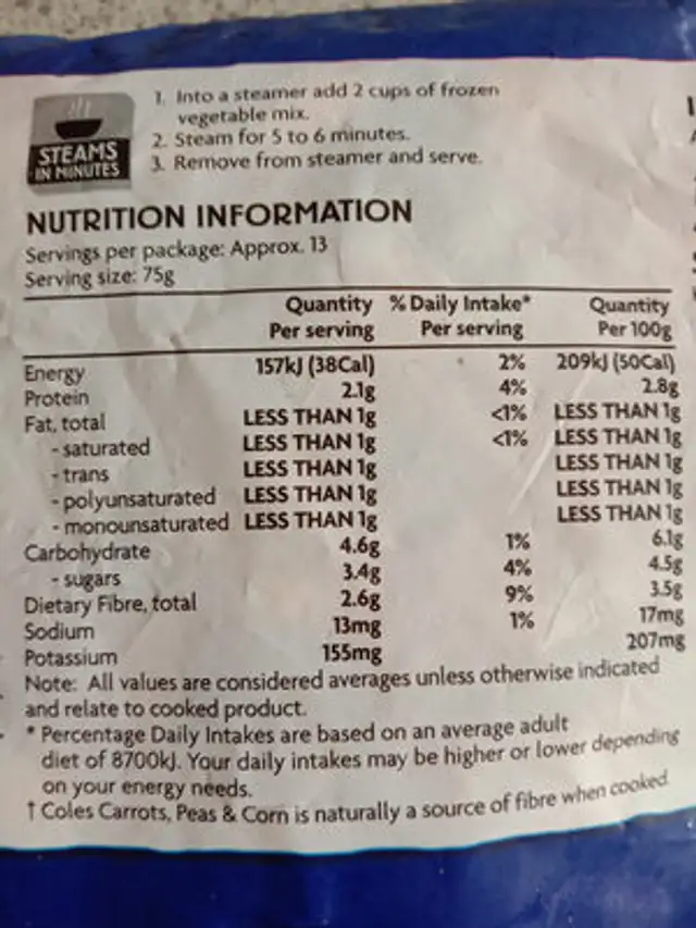 carrots, peas & corn nutrition facts table