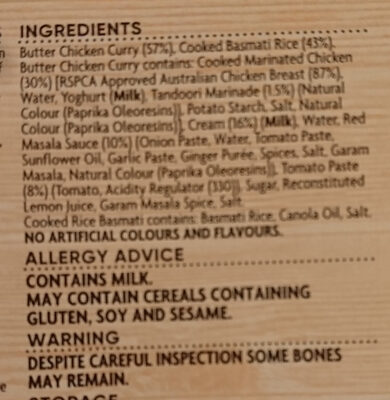 BUTTER CHICKEN & RICE ingredients label