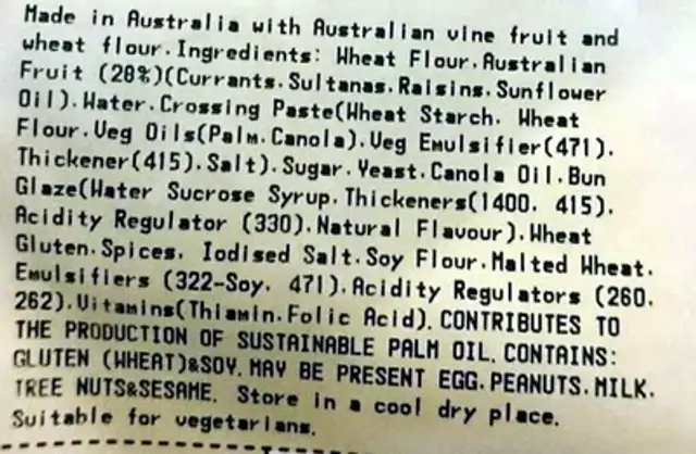 Fruit hot cross buns ingredients label