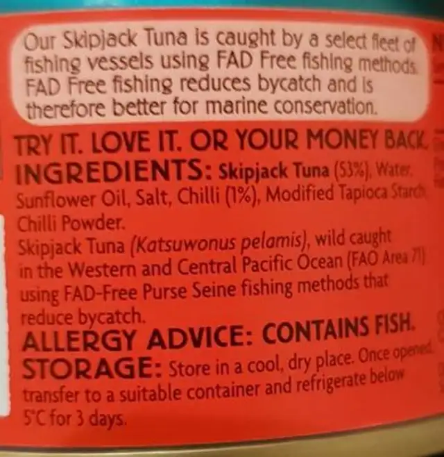 Tuna Spicy Chilli ingredients label