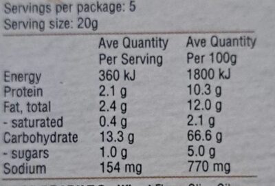 Rustic Ciabatta Crackers nutrition facts table