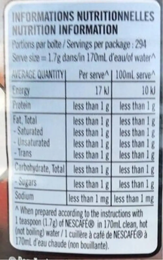 Café soluble nutrition facts table