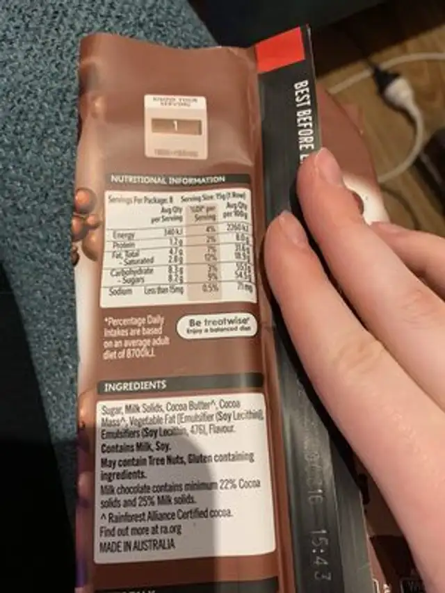 Nes Aero milk choco 118g ingredients label