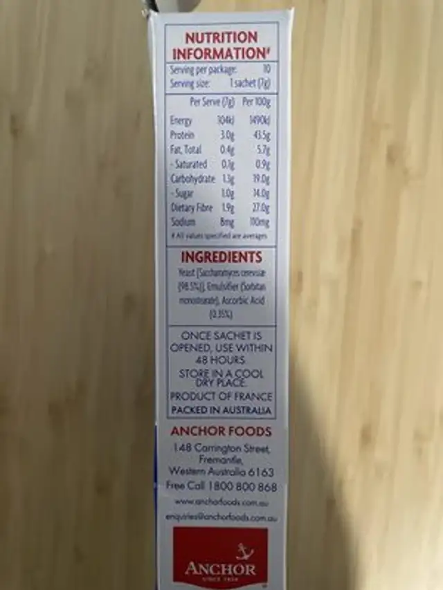 Yeast bread improver nutrition facts table