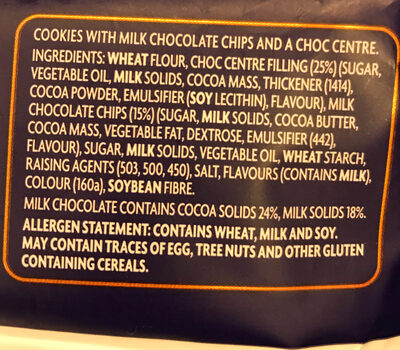 Choc Centre Cookie ingredients label