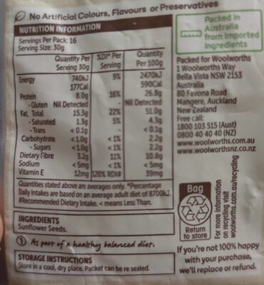 Sunflower kernels nutrition facts table