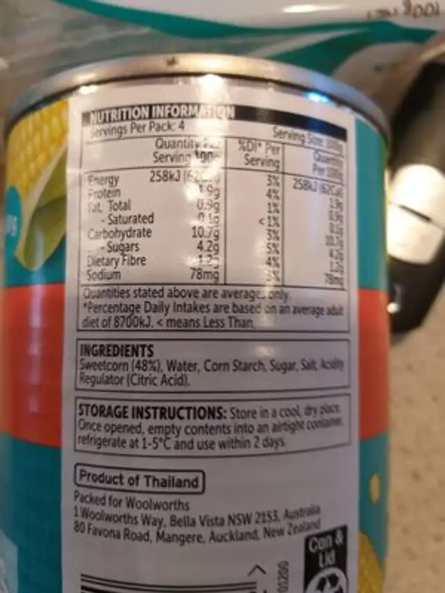 Creamed Corn ingredients label