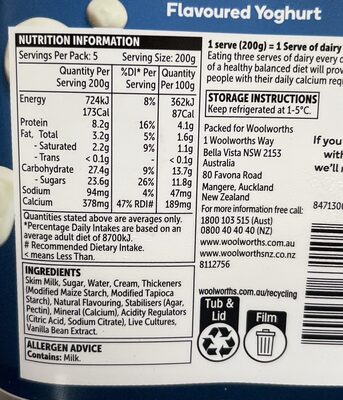 Woolworths Vanilla Flavoured Yoghurt ingredients label