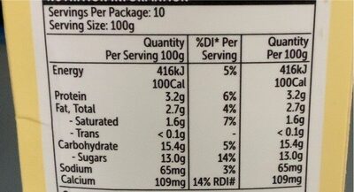 Vanilla Custard nutrition facts table