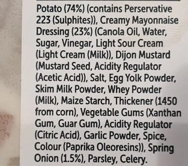 Potato salad ingredients label