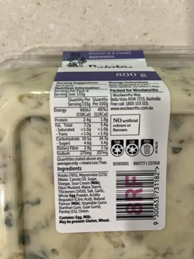 Potato salad nutrition facts table