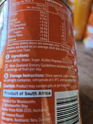 Peach Slices in light syrup ingredients label
