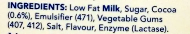 Liddels Lactose Free Chocolate Milk ingredients label