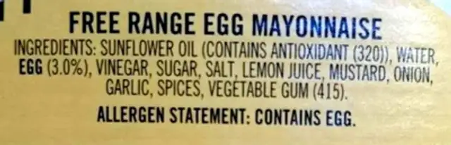Free Range Egg Mayonaise ingredients label
