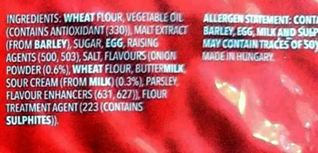 Ritz Sour Cream and Onion imp ingredients label
