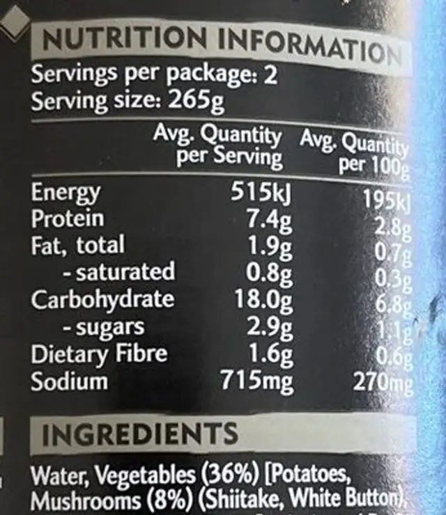Steak and Mushroom nutrition facts table